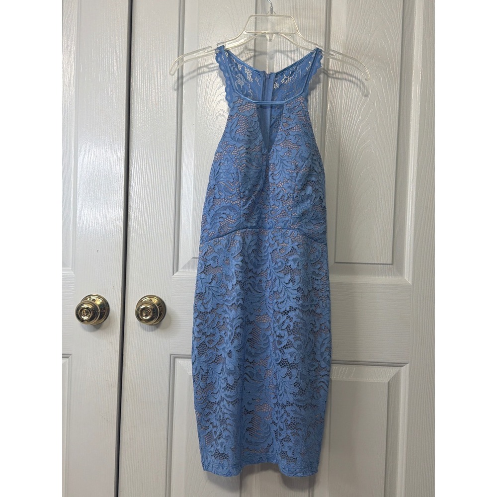 Sequin Hearts Blue Lace Halter Bodycon Dress Keyhole Backless Size 7